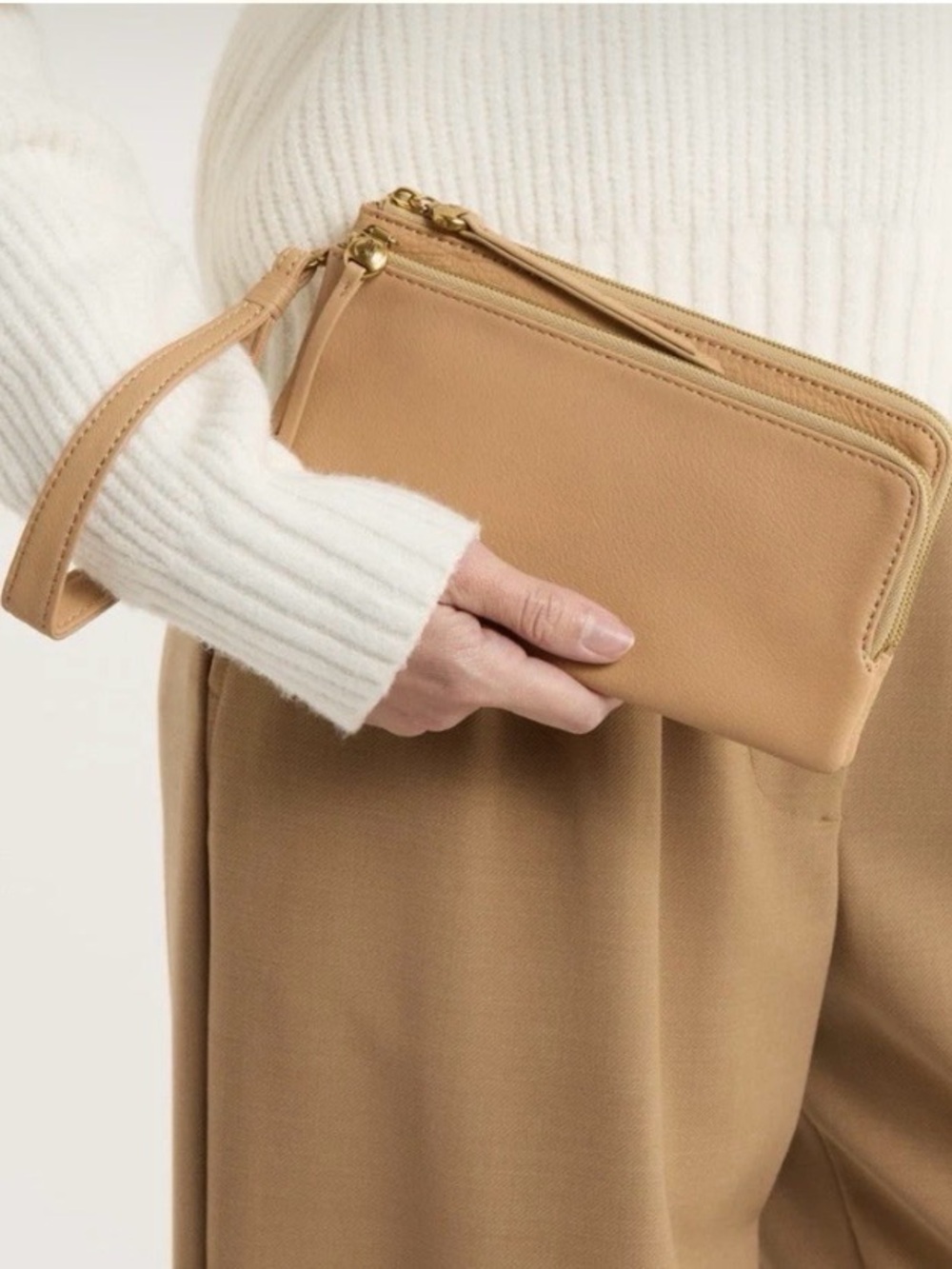 HOBO Dayton Leather Double Zip Wristlet Clutch Wallet RP $158 Sandstorm